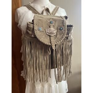 El Vaquero Backpack Fringe Boho Leather Turquoise Studded Taupe